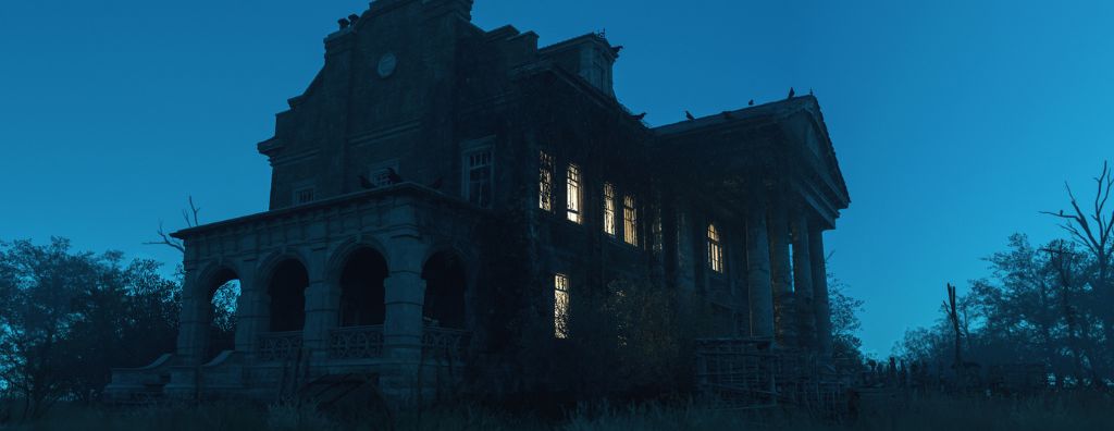 An ominous mansion with ivy growing on the walls at dusk with the interior lights on