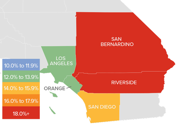 A map showing the real estate market price appreciation in various Southern California counties.