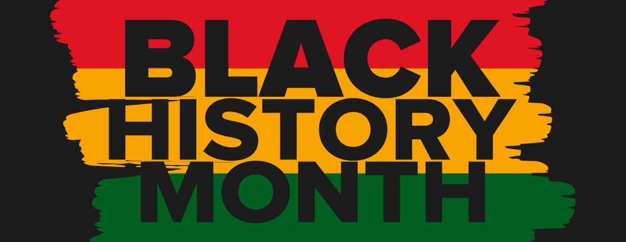 A graphic for Black History Month with the words superimposed over red, yellow, and green stripes.