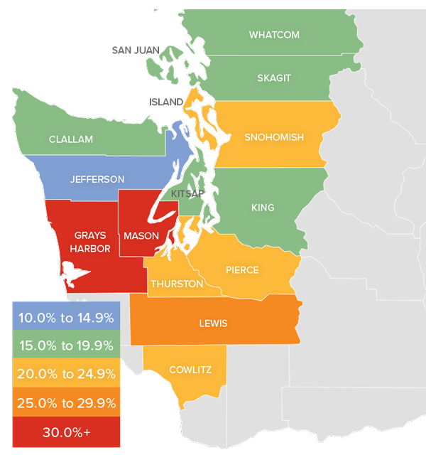 A map showing the real estate market percentage changes in various Western Washington counties