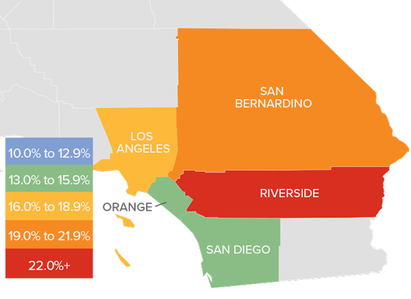A map showing the real estate market percentage changes in various Southern California counties.