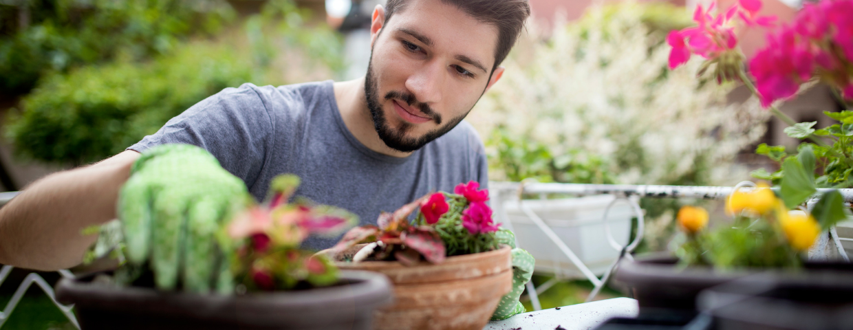 Man plants a flower in a pot in the foreground with his backyard garden in the background.
