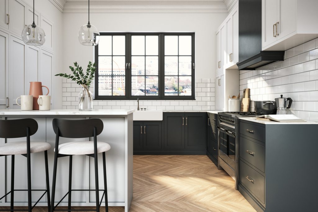 A kitchen with dark blue cabinets and white tile.