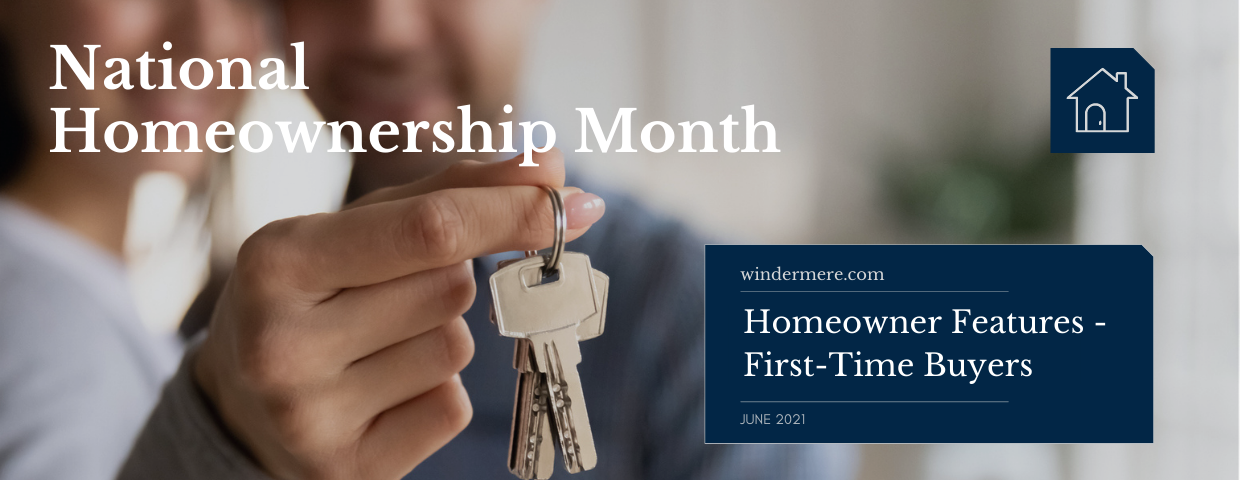 A man and a woman hold a set of keys to their new home behind a National Homeownership Month graphic.