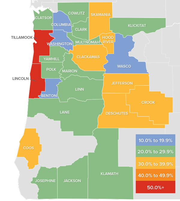 A map showing the real estate market percentage changes in various counties in Oregon and Southwest Washington.