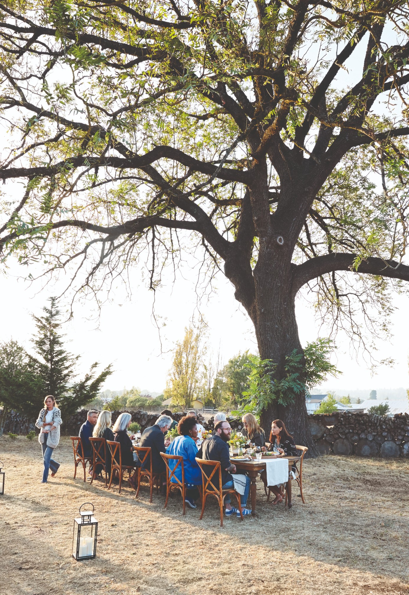 A group of people sit around a large table at a backyard party.