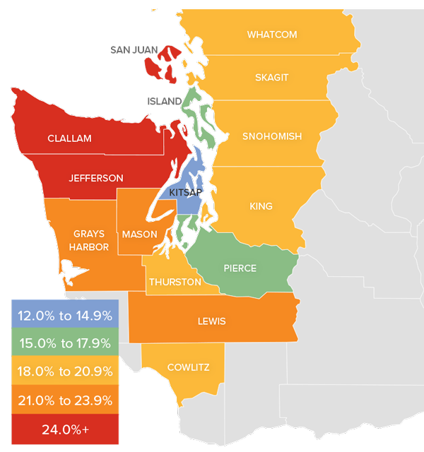 A map showing the real estate market percentage changes for various counties in Western Washington during the third quarter of 2021.