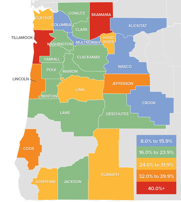 A map showing the real estate market percentage changes in various counties in Oregon and Southwest Washington during the third quarter of 2021.
