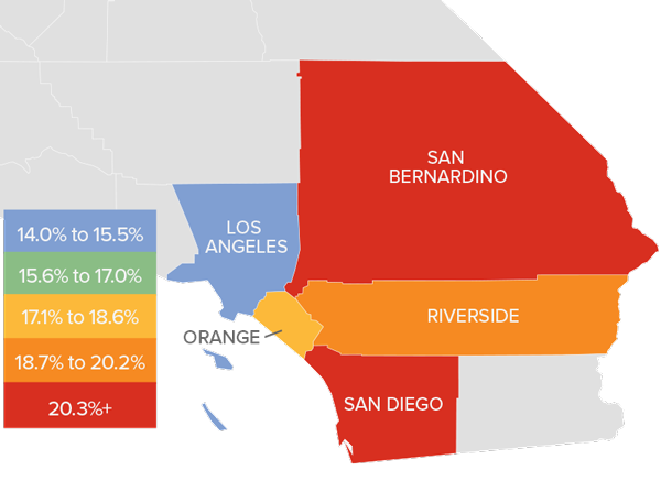 A map showing the real estate market percentage changes in various counties in Southern California during the third quarter of 2021.
