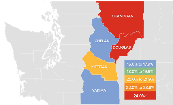 A map showing the real estate market percentage changes in various counties in Central Washington during the third quarter of 2021.