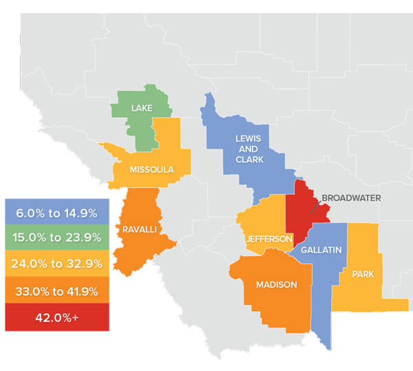 A map showing the real estate market percentage changes in various counties in Montana during the third quarter of 2021.