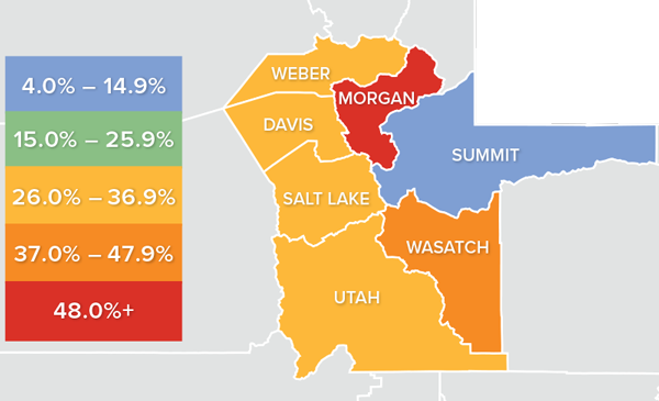 En karta som visar fastighetsmarknadens procentuella förändringar i olika län i Utah under tredje kvartalet 2021.