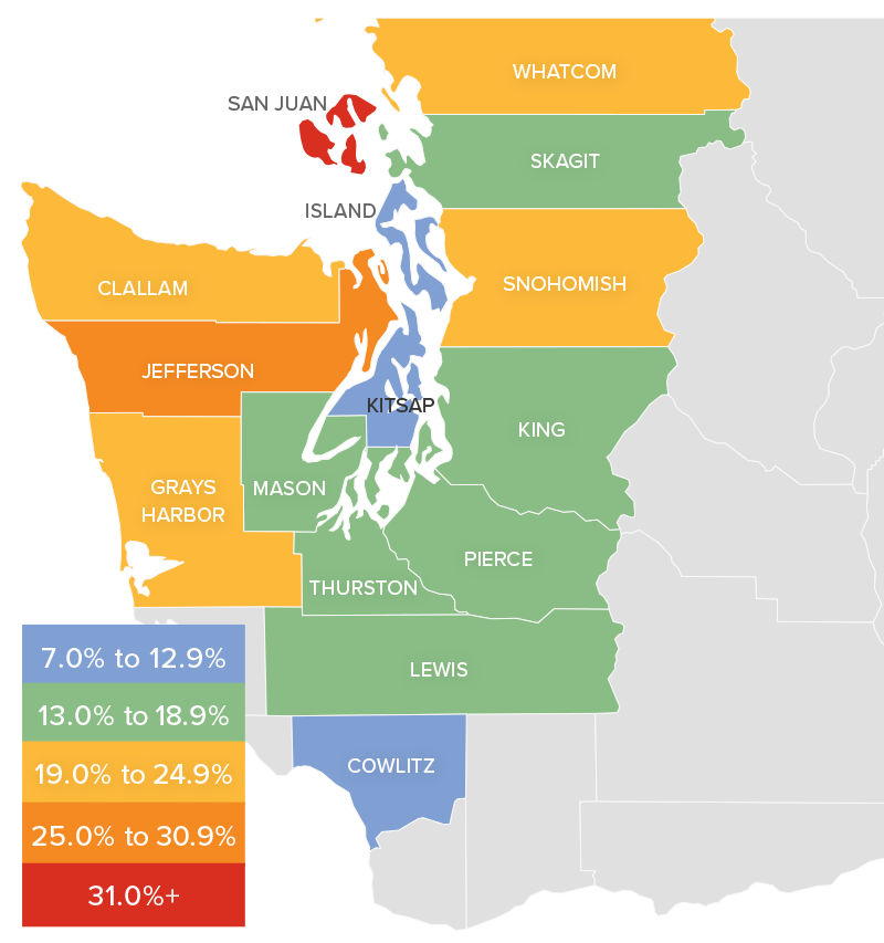 A map showing the real estate market percentage changes in various counties in Western Washington during the fourth quarter of 2021.