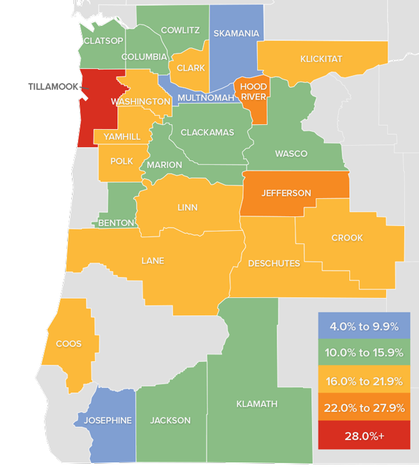 A map showing the real estate market percentage changes in various counties in Oregon and Southwest Washington during the fourth quarter of 2021.