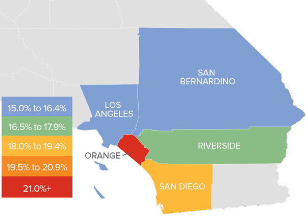 A map showing the real estate market percentage changes in various counties in Southern California during the fourth quarter of 2021.