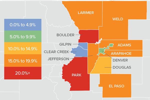 A map showing the real estate market percentage changes in various counties in Colorado during the fourth quarter of 2021.