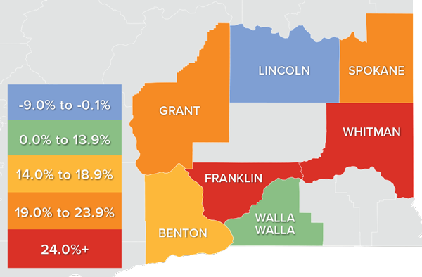 A map showing the real estate market percentage changes for various counties in Eastern Washington during the fourth quarter of 2021.