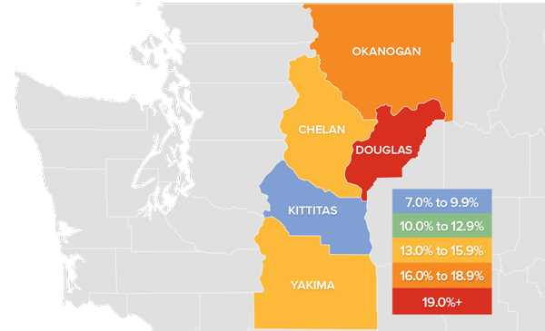 A map showing the real estate market percentage changes in various counties in Central Washington during the fourth quarter of 2021.
