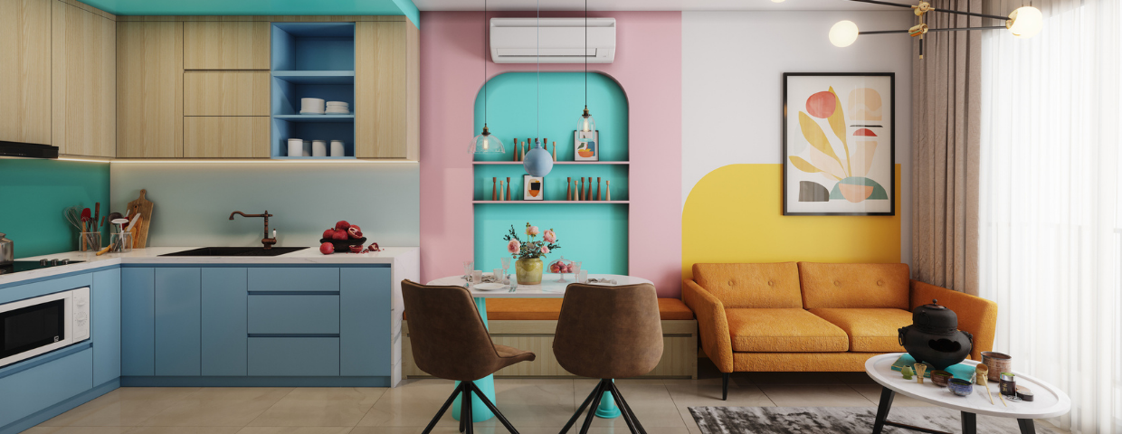 A colorful living room / open kitchen area.