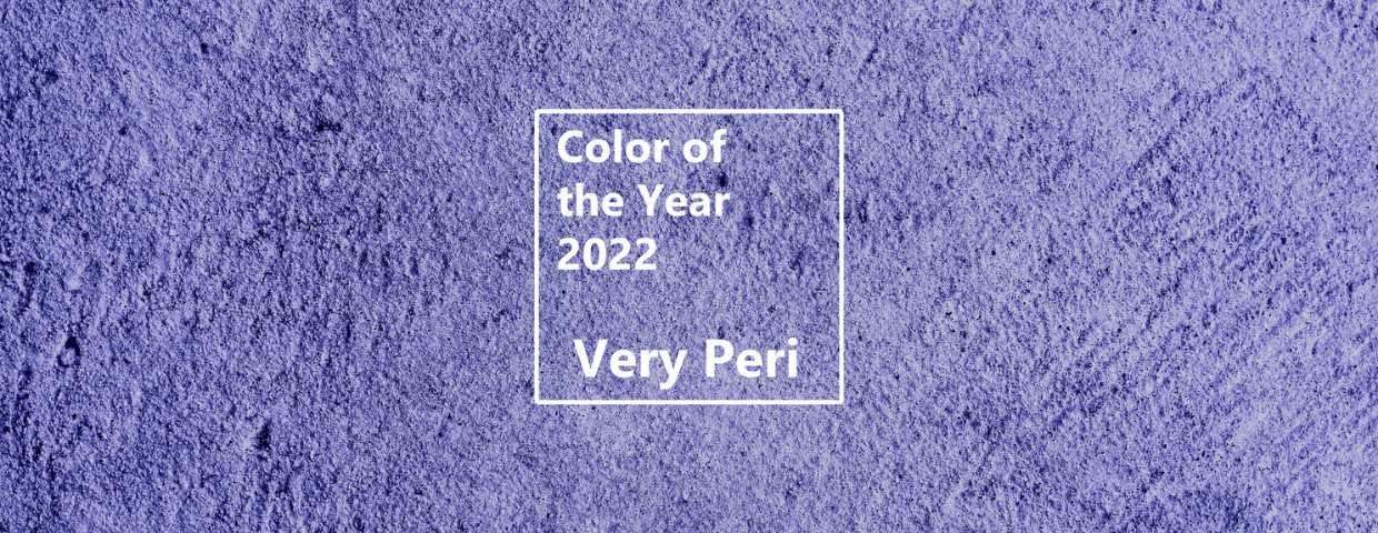 A graphic showing Pantone’s color of the year 2022: Very Peri, which is a periwinkle blue with a violet-red undertone.