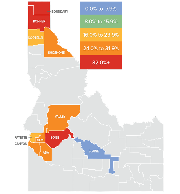 A map showing the real estate market percentage changes in various counties in North and South Idaho during the fourth quarter of 2021.