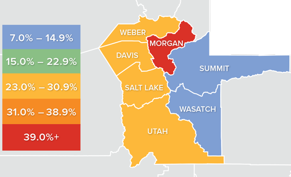 A map showing the real estate market percentage changes in various counties in Utah during the fourth quarter of 2021.