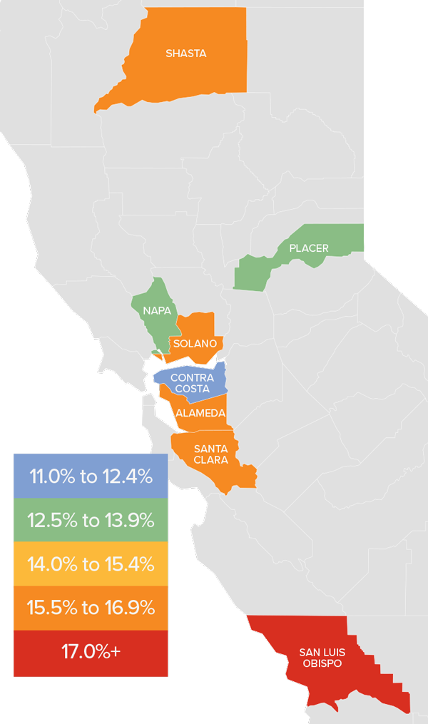 A map showing the real estate market percentage changes in various counties in Northern California during the fourth quarter of 2021.
