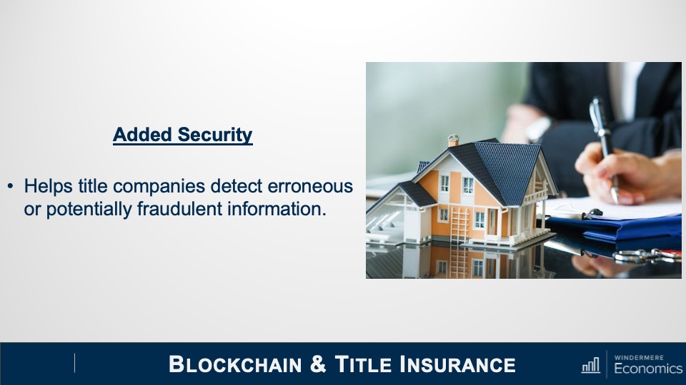 A slide showing the benefits of Blockchain technology in real estate transactions, namely added security.