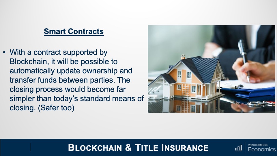 A slide showing the benefits of Blockchain technology in real estate, smart contracts, for example.