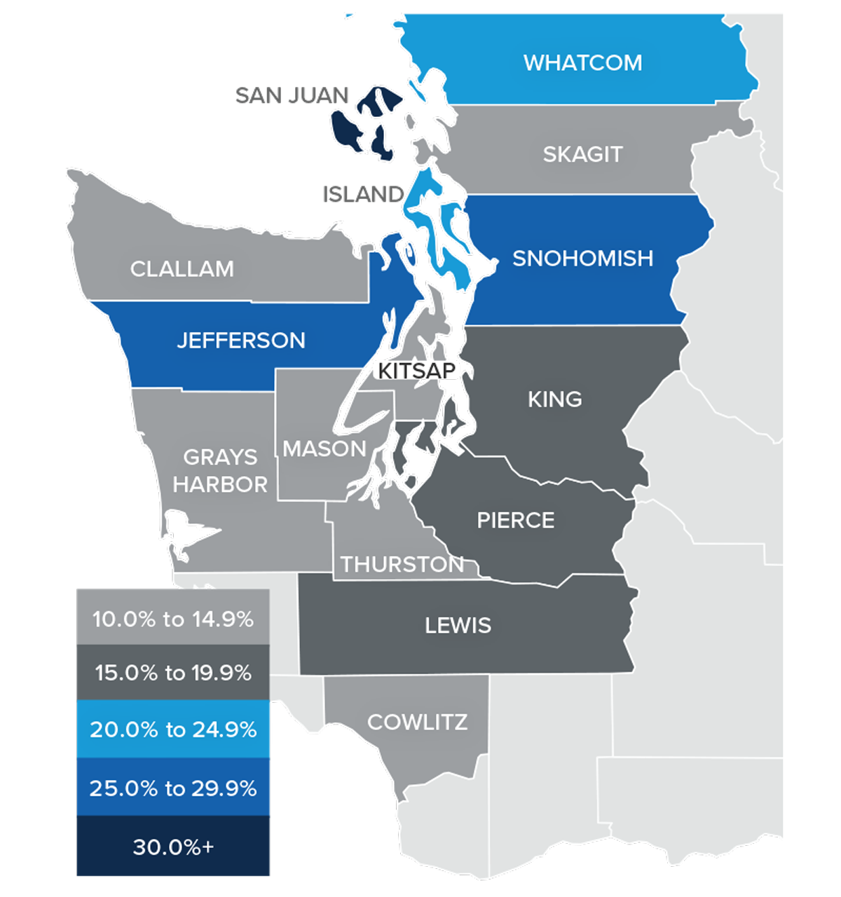 A map showing the year-over-year real estate market percentage changes in various counties in Western Washington for Q1 2022.