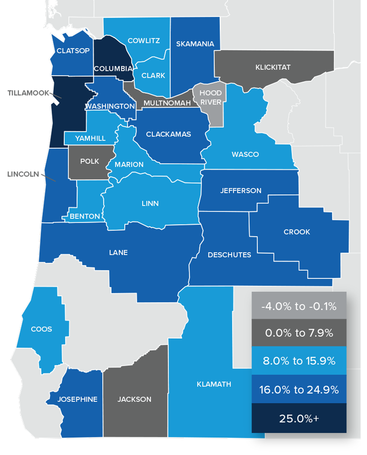 A map showing the year-over-year real estate market percentage changes in various counties in Oregon and Southwest Washington for Q1 2022.