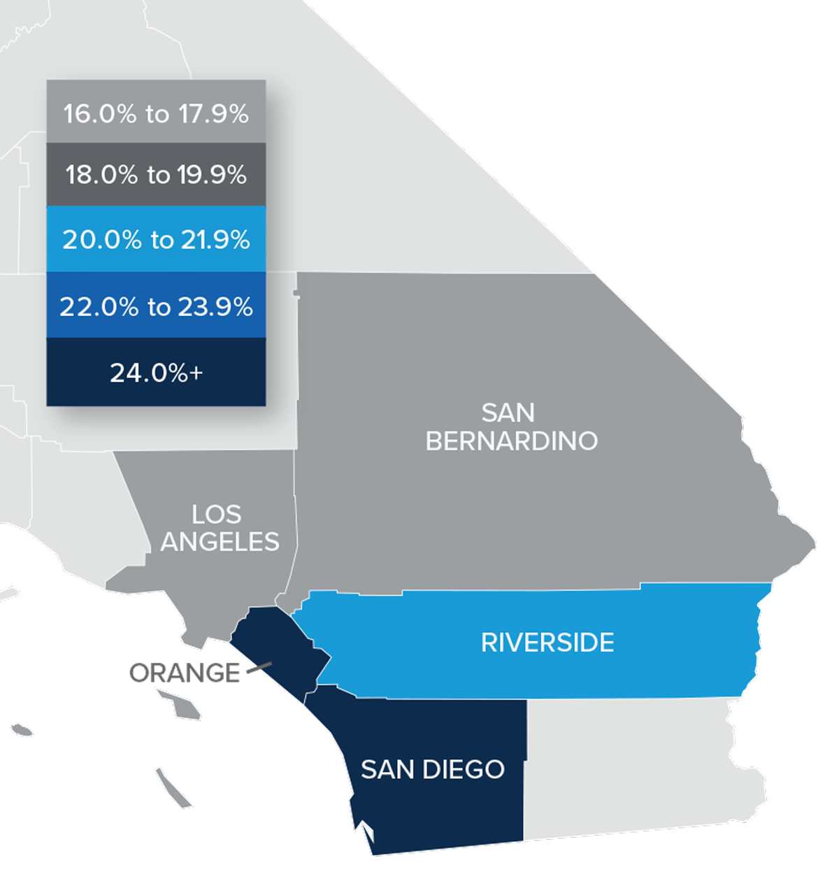 A map showing the year-over-year real estate market percentage changes in various counties in Southern California for Q1 2022.