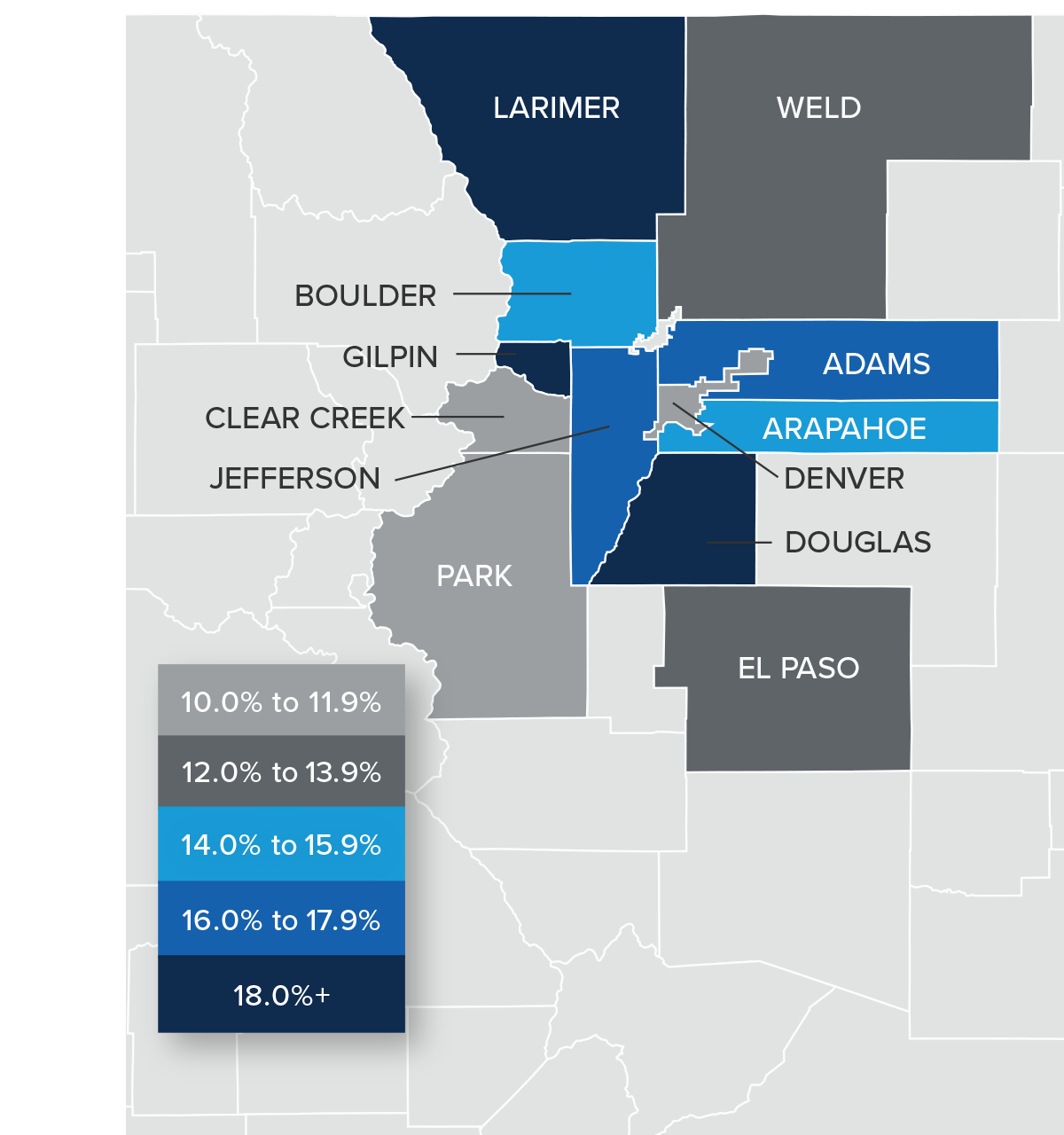 A map showing the year-over-year real estate market percentage changes in various counties in Colorado for Q1 2022.