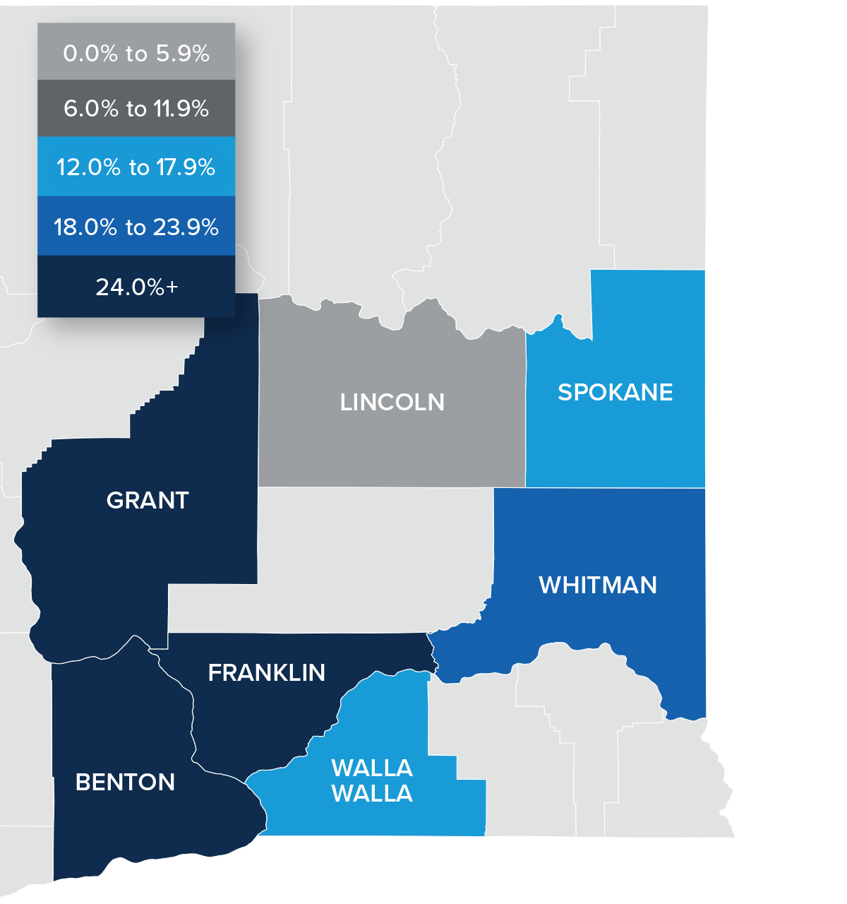 A map showing the year-over-year real estate market percentage changes in various counties in Eastern Washington for Q1 2022.