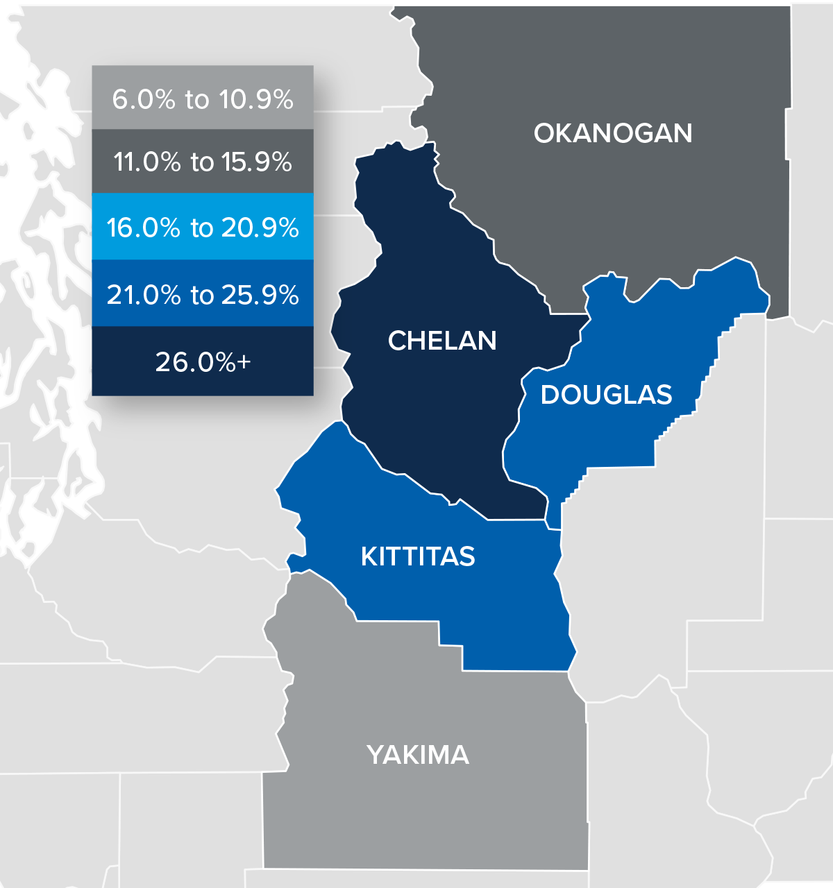 A map showing the year-over-year real estate market percentage changes in various counties in Central Washington for Q1 2022.
