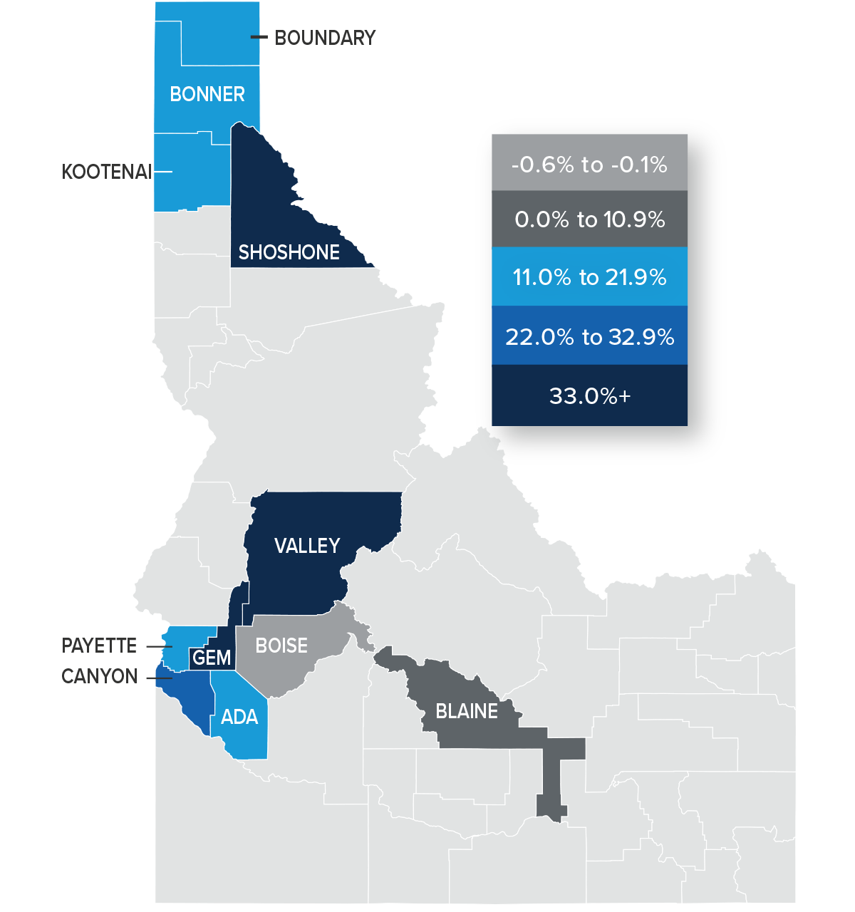 A map showing the year-over-year real estate market percentage changes in various counties in Idaho for Q1 2022.