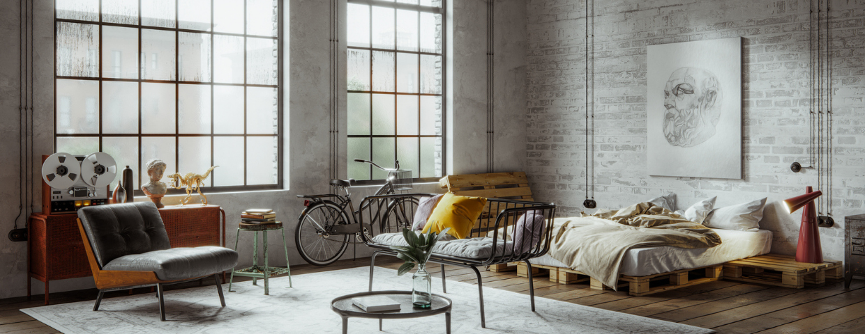 A loft apartment showcasing industrial design features.