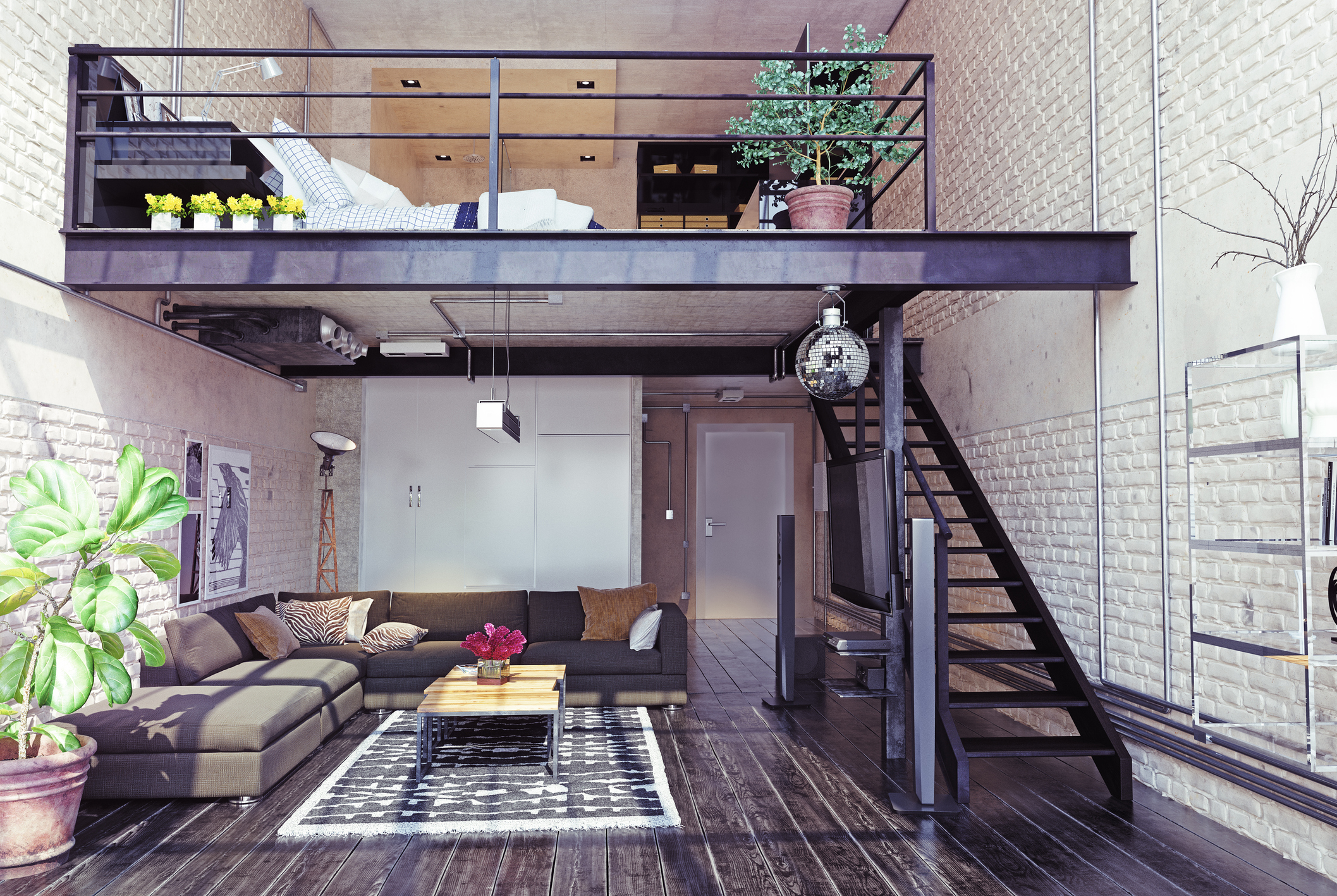 A loft apartment showcasing various industrial design features.