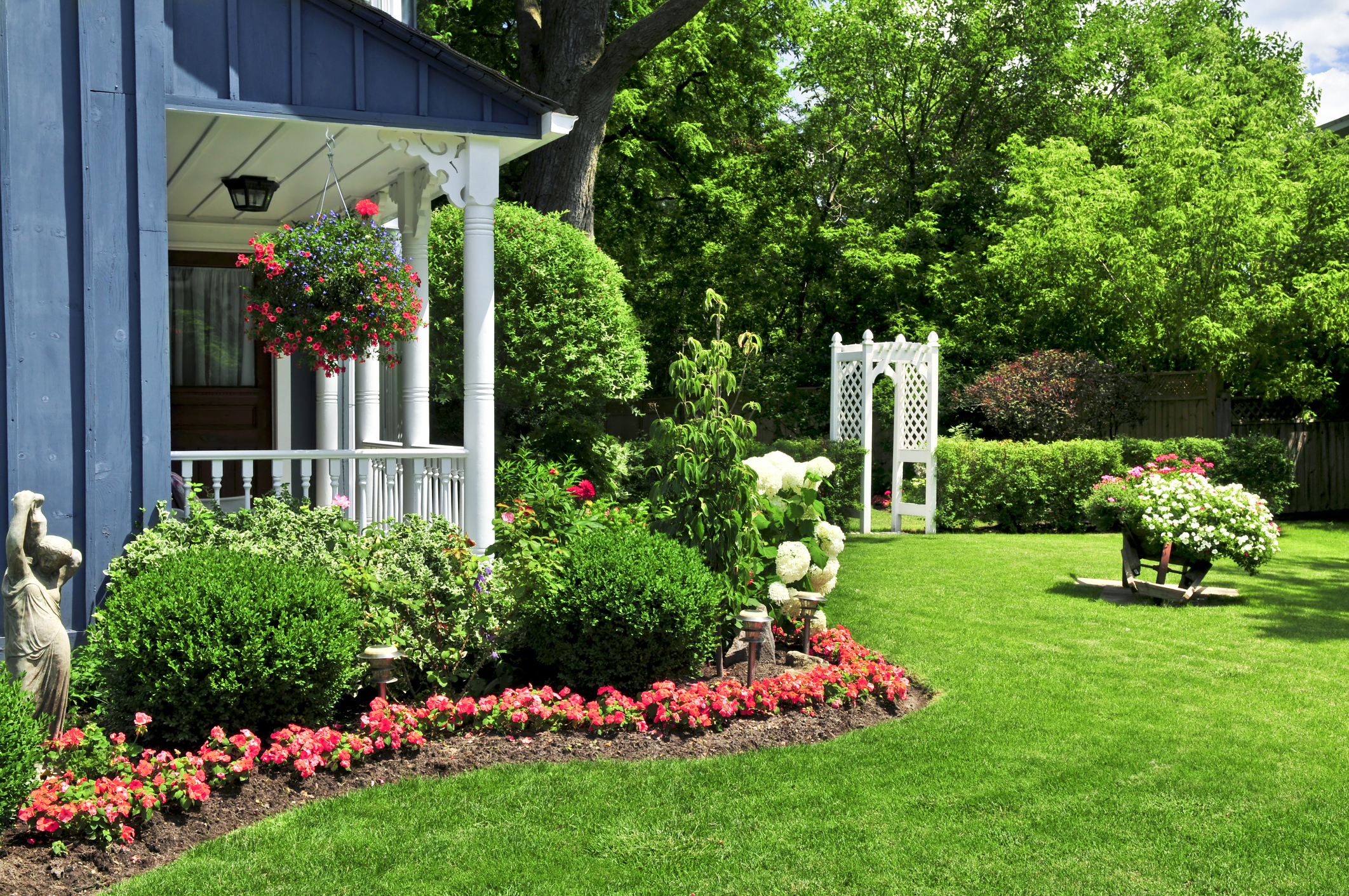 A colorfully landscaped front yard on a sunny day.