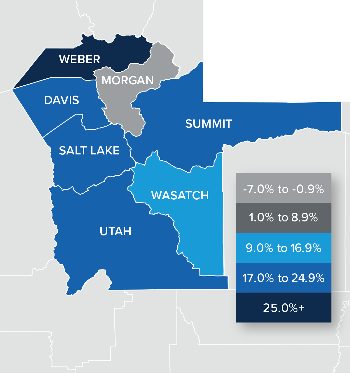 A map showing the year-over-year real estate market percentage changes in various counties in Utah for Q1 2022.