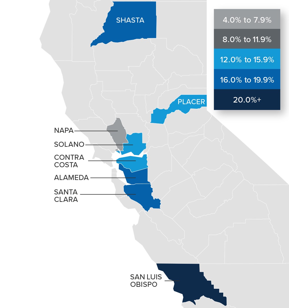 A map showing the year-over-year real estate market percentage changes in various counties in Northern California for Q1 2022.