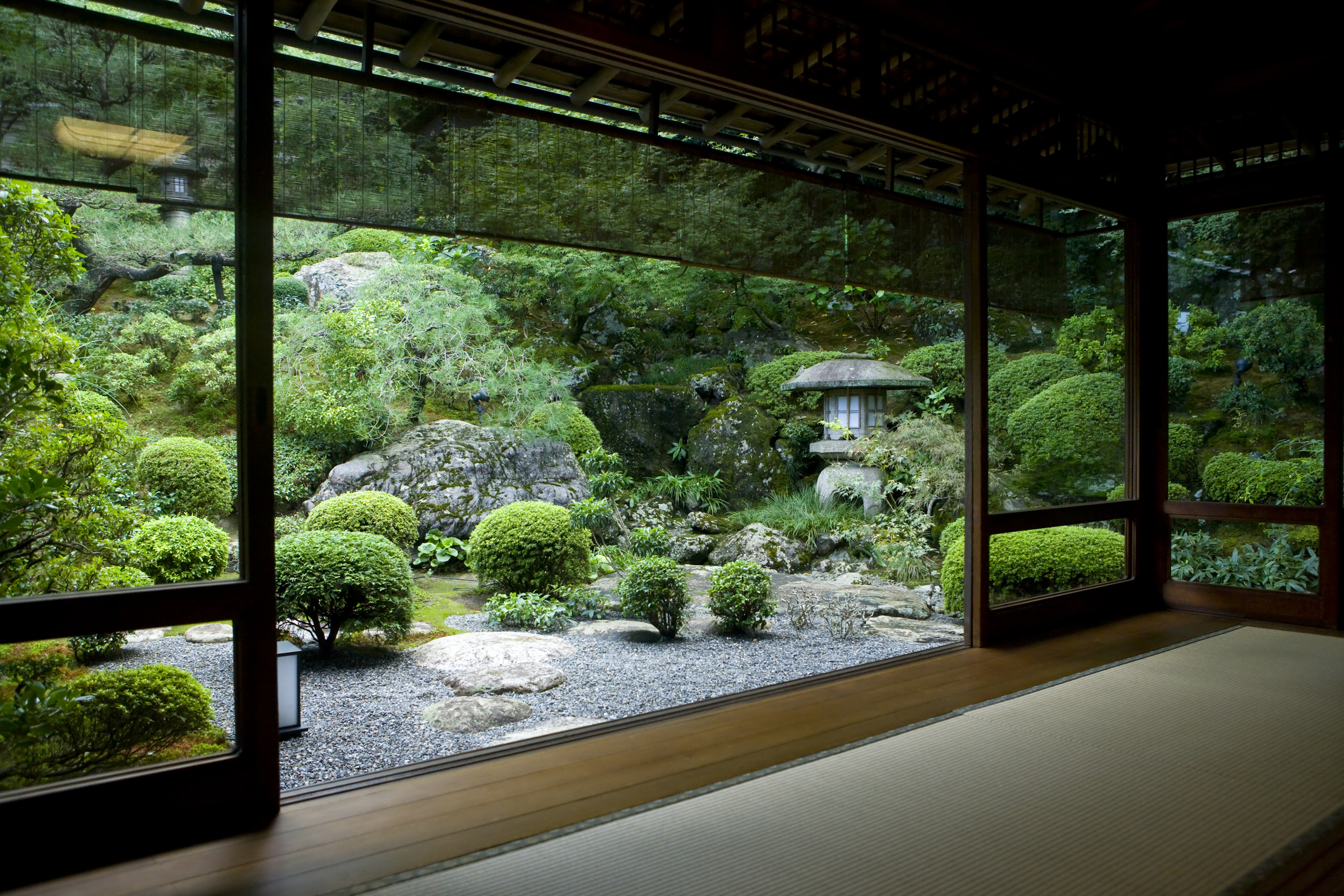 A Japanese garden just outside a studio room of a modern home.