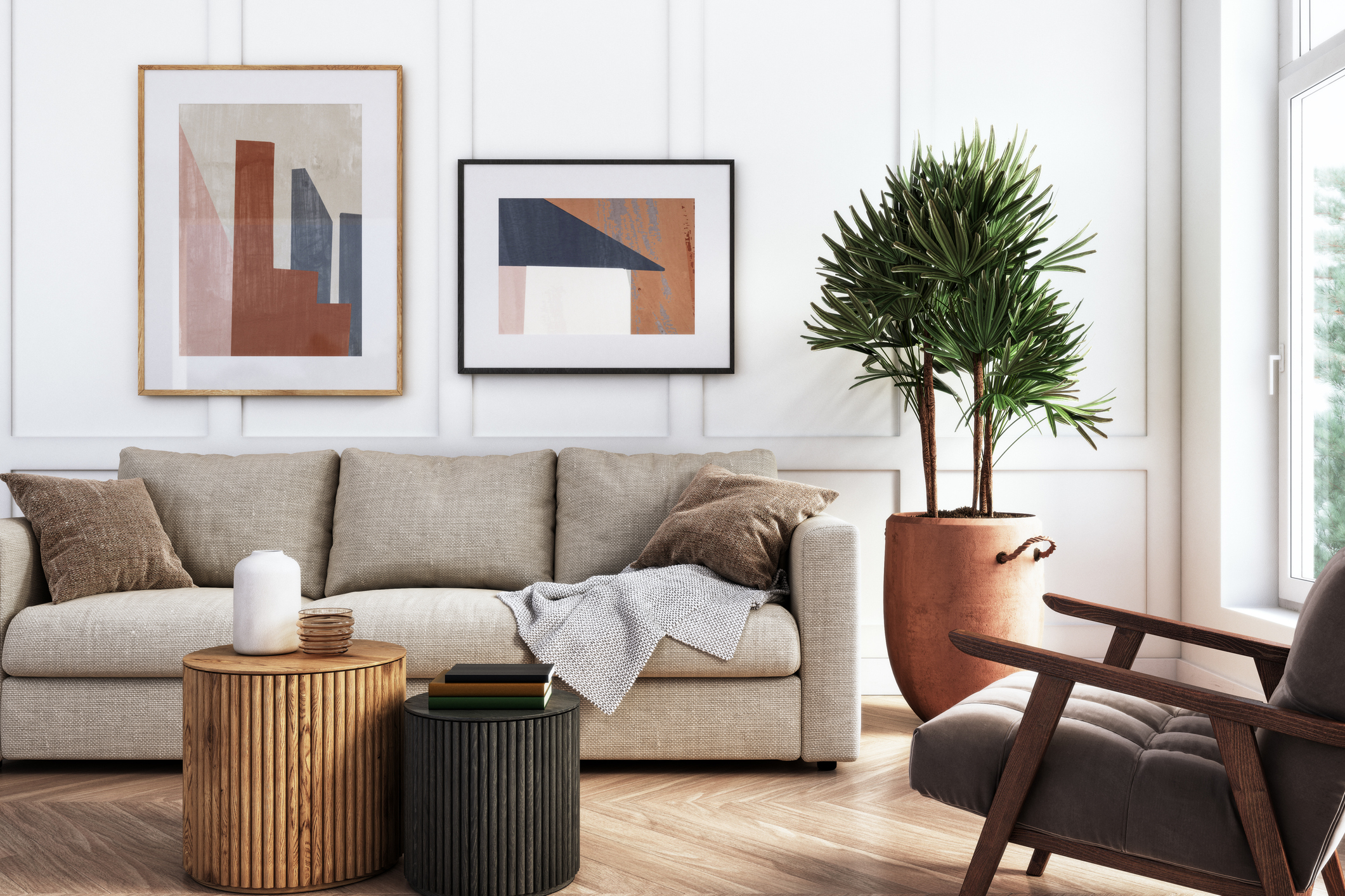 A living room decorated with earth tones.