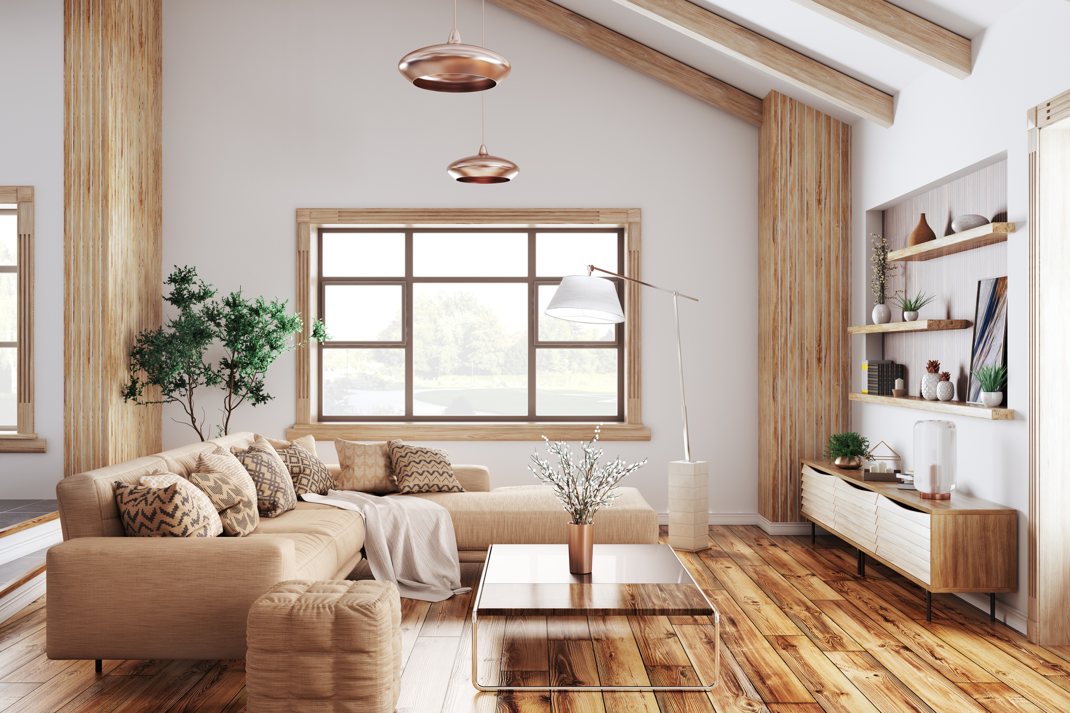 A living room with hardwood floors and various wood accents.