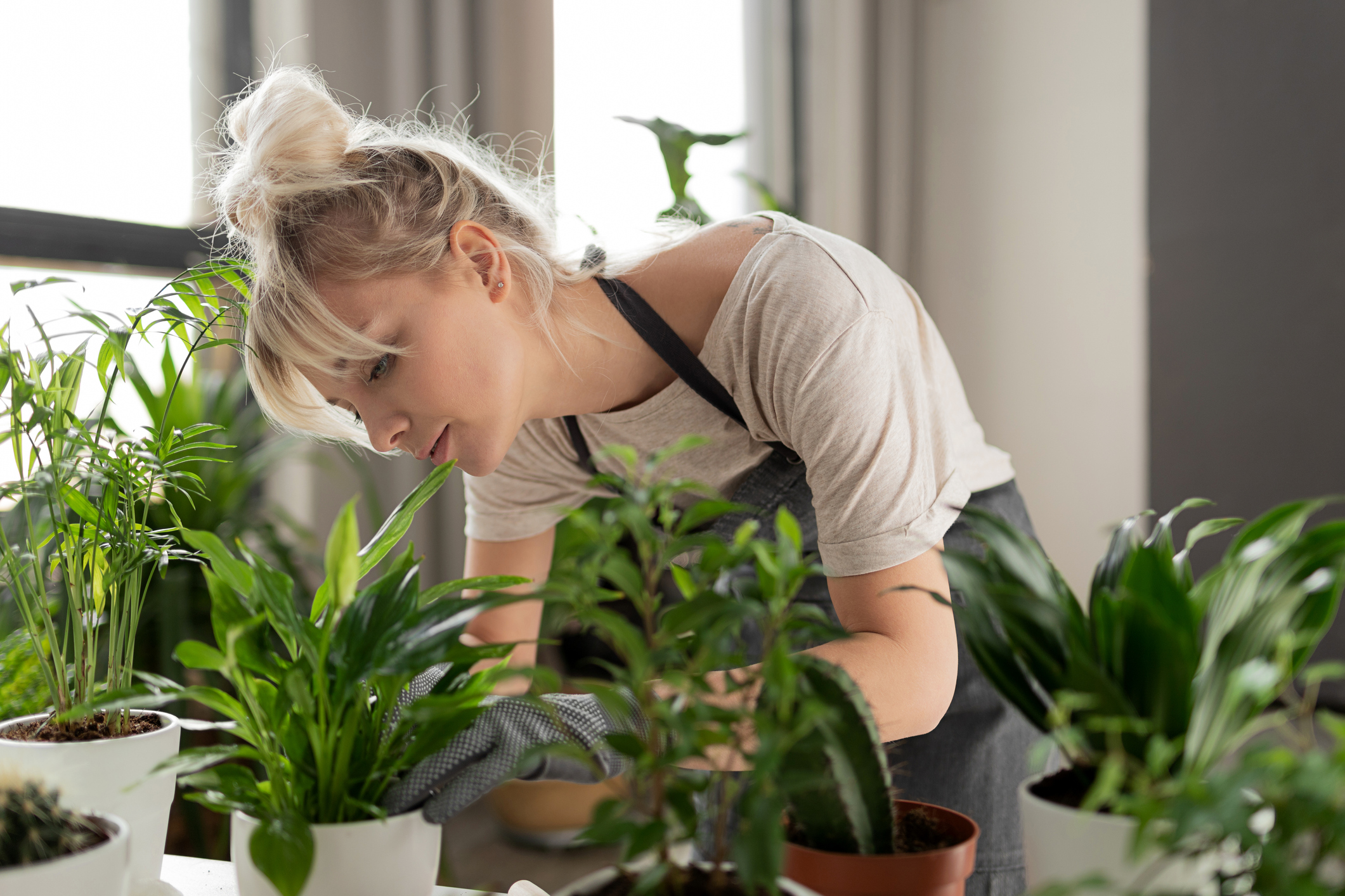 A young woman tends to her indoor garden.