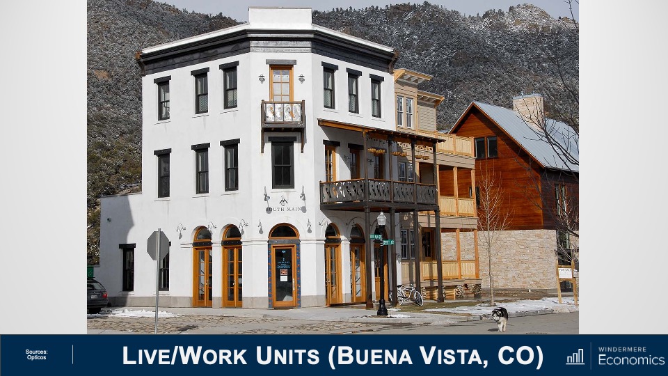 A white live/work unit in Buena Vista, Colorado with a second-story patio built onto the right side of the building.