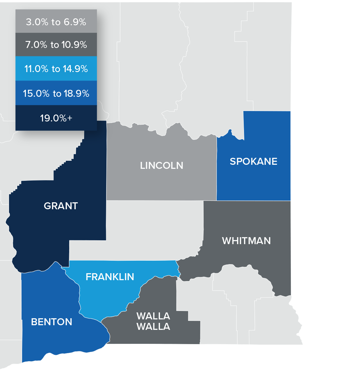 A map showing the real estate home prices percentage changes for various counties in Eastern Washington. Different colors correspond to different tiers of percentage change. Lincoln County is the only county with a percentage change in the 3% to 6.9% range, while Whitman and Walla Walla are in the 7% to 10.9% change range. Franklin County is the only county in the 11% to 14.9 % change range, Benton and Spokane are in the 15% to 18.9% change range, and Grant County is the only county in the 19% + change range.