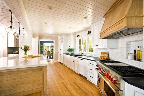 Remodeled contemporary kitchen with white cabinets and hardwood floors