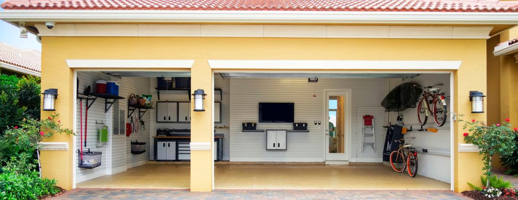 Yellow three car garage attached to a home in a residential community. The garage is very neat and clean. It is well organized with shelves, bicycle racks, a work area and storage cabinets. It also has a flat screen tv on the wall. There are no cars in the garage.