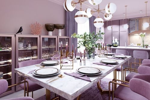 Lilac color dining room in trendy art deco style with modern furniture, served table and chairs.